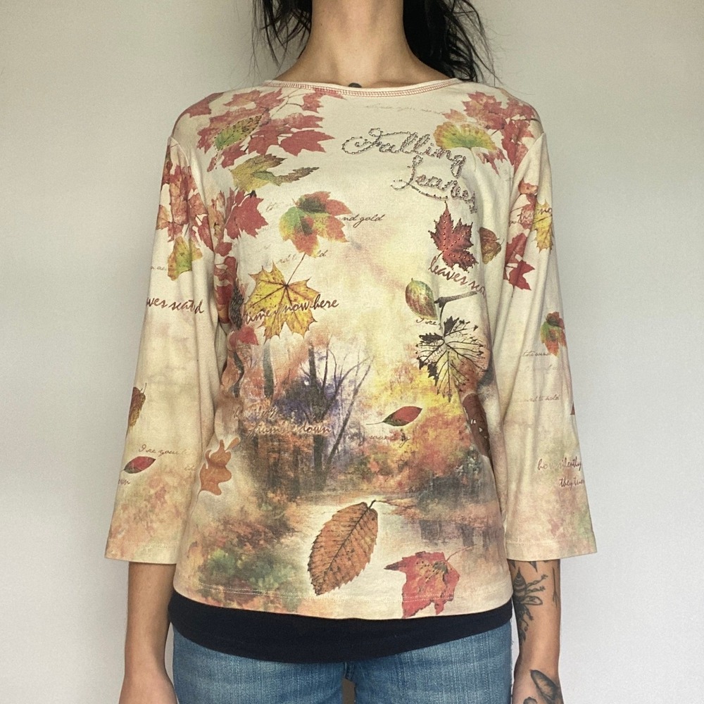 Y2k 90's Fall Leaves Scenic Long Sleeve Top Autumn Boho Cottagecore Rhinestone L
